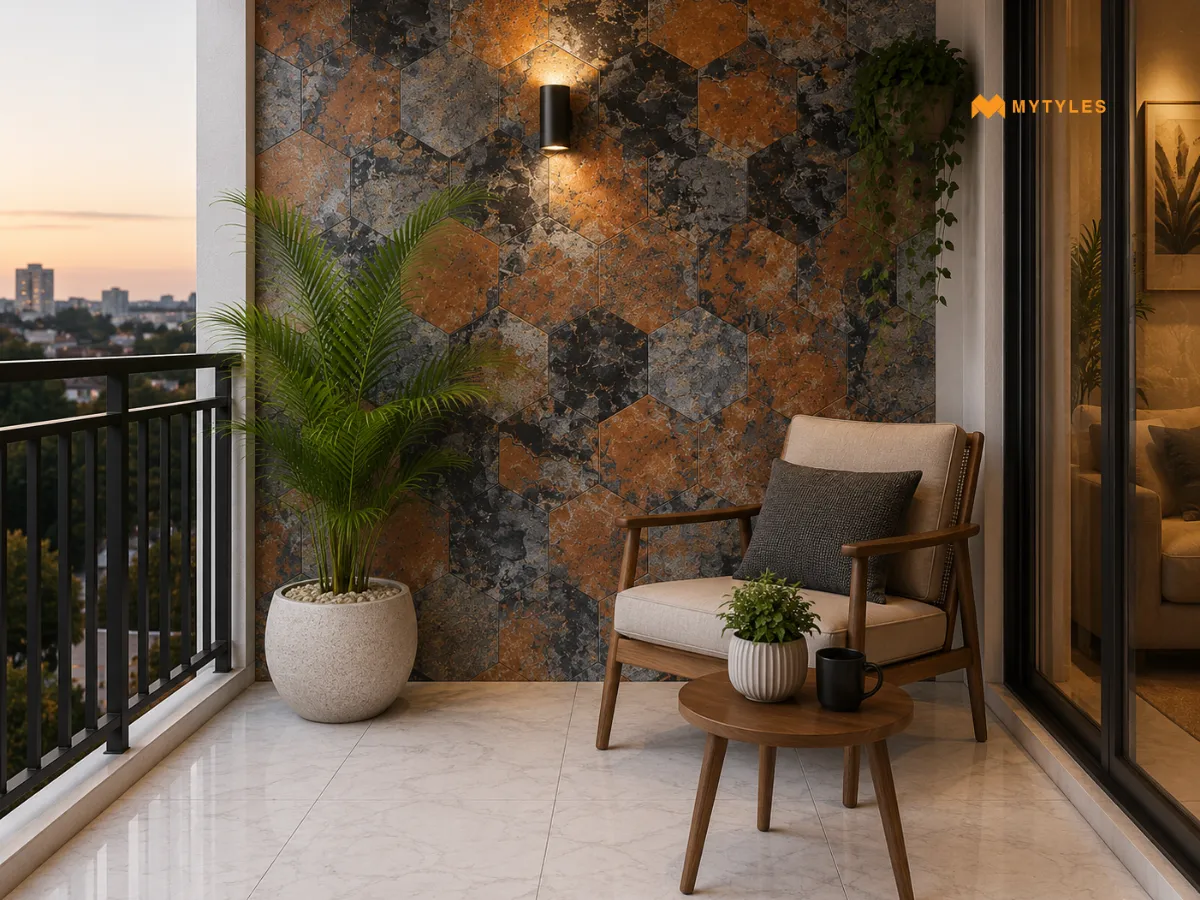 Rustic Hexagon Wall Tiles with White Marble Floor Tiles